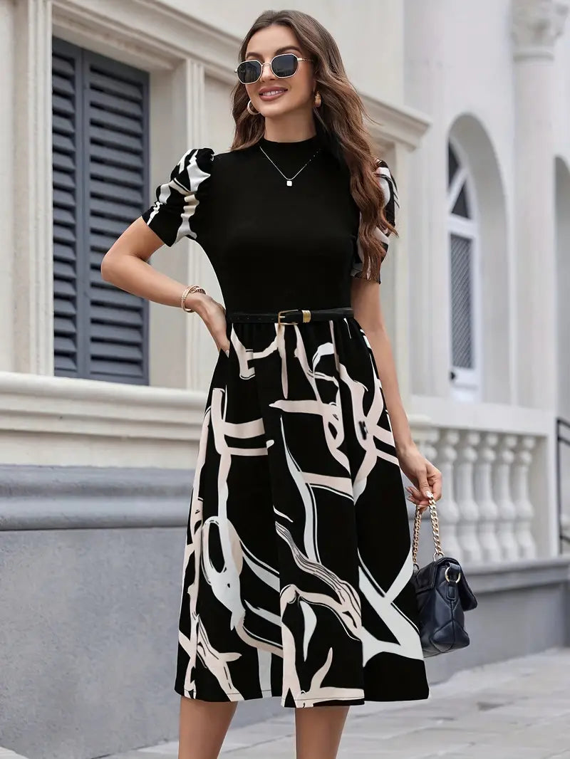 Graphic Print Mock Neck Dress,