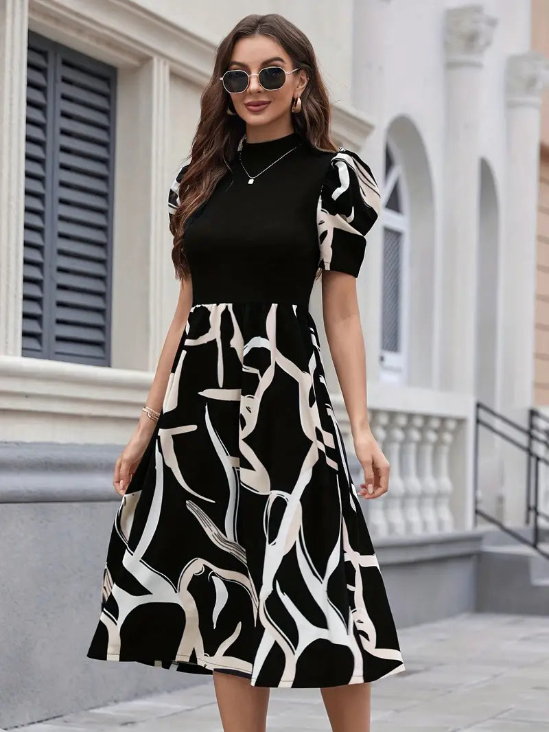 Graphic Print Mock Neck Dress,